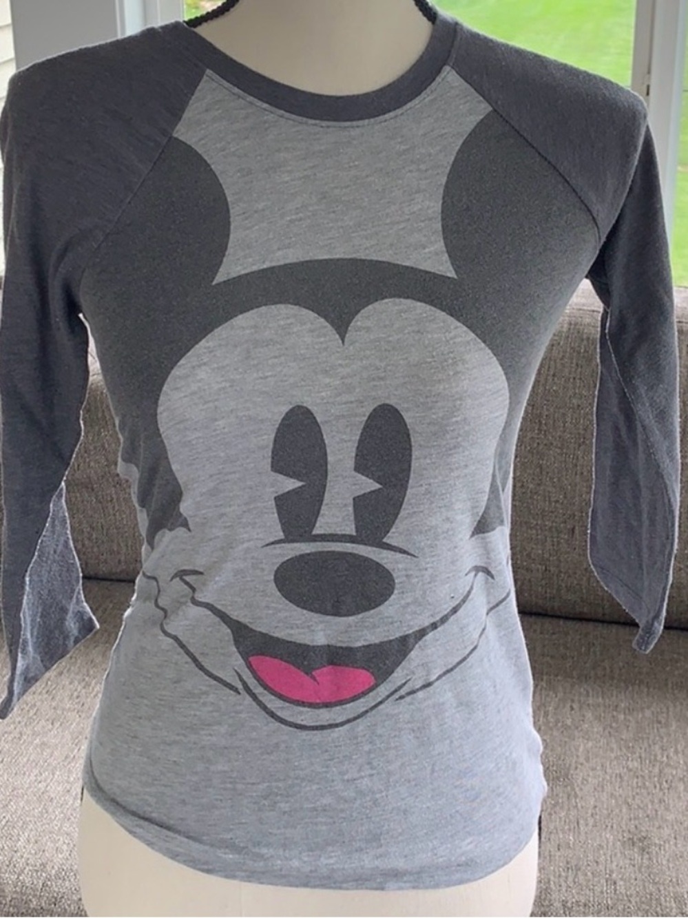 Disney Parks Mickey Mouse Gray Colorblock Raglan 3/4 Sleeve Graphic Tee XS ❤️